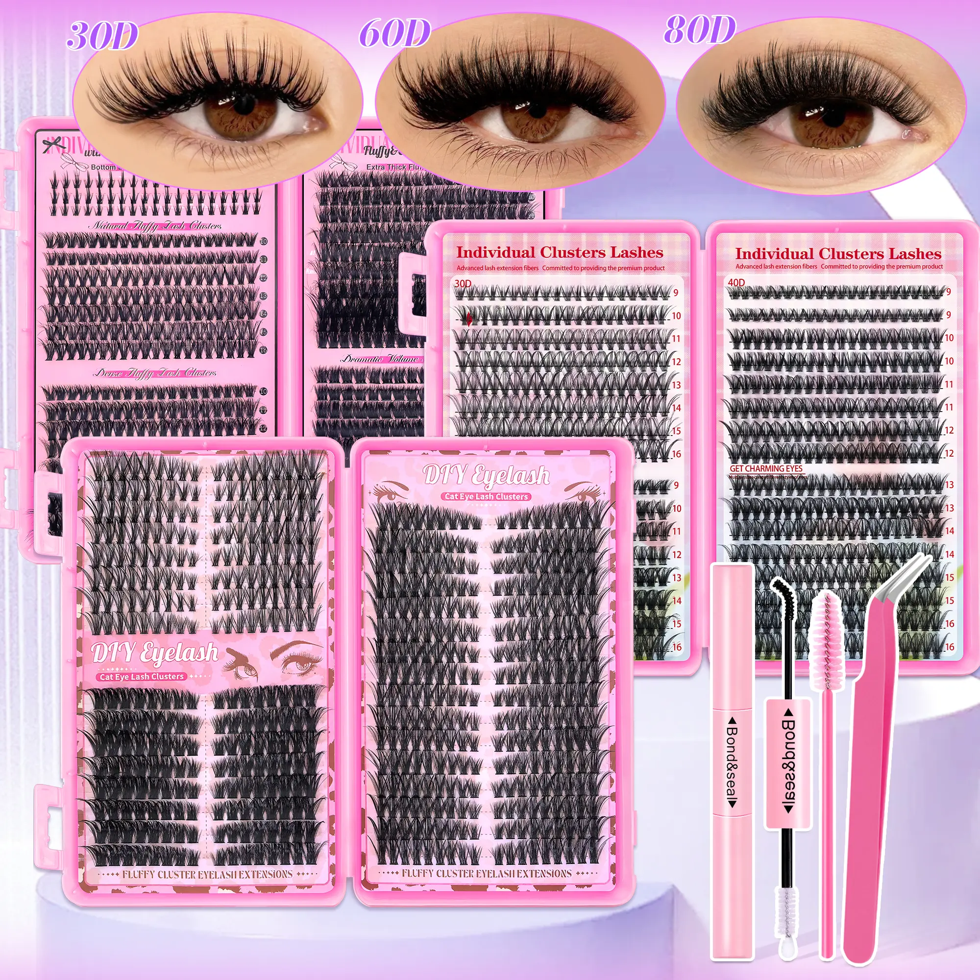 640pcs Cluster Lashes with Glue & Tweezer | 9-16mm Natural D Curl False Eyelashes Extensions Set for Beginner Makeup - Waterproof & Reusable DIY Lashes-30D-150D Manga Fairy Fox & Spiky Eyelash Clusters