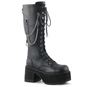Demonia Men's Ranger-303 Black Faux Leather Knee-High Boots with 3 3/4" Heel & 2 1/4" Platform Lace-Up Front Silver Chains & Studded Back Strap O-Rings Inside Zip Closure