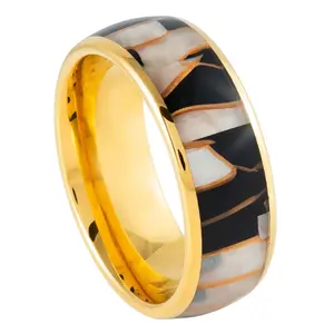 Yellow Gold Tungsten Wedding Ring, Capiz Anniversary Ring, 8mm Wedding Band, Capiz Shell Inlay Tungsten Ring, Man & Woman Engagement Ring, Comfort Fit Ring, Unique Ring