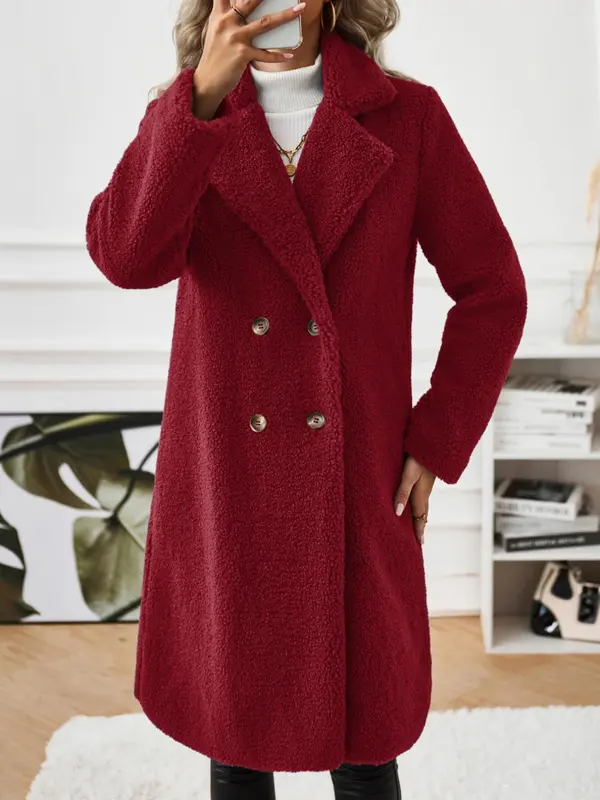 Women's Solid Button Front Lapel Neck Fuzzy Coat, Casual Warm Long Sleeve Coat for Fall & Winter, Women's Clothing for Daily Wear 7