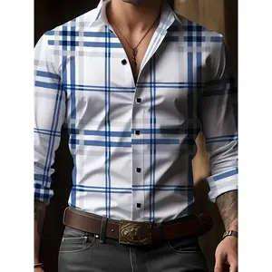Men'S White Background Blue Striped Business Shirt, Casual Striped Pattern, Polyester Fiber Material, Non Elastic, Long Shirt Collar Design, Suitable for All Seasons