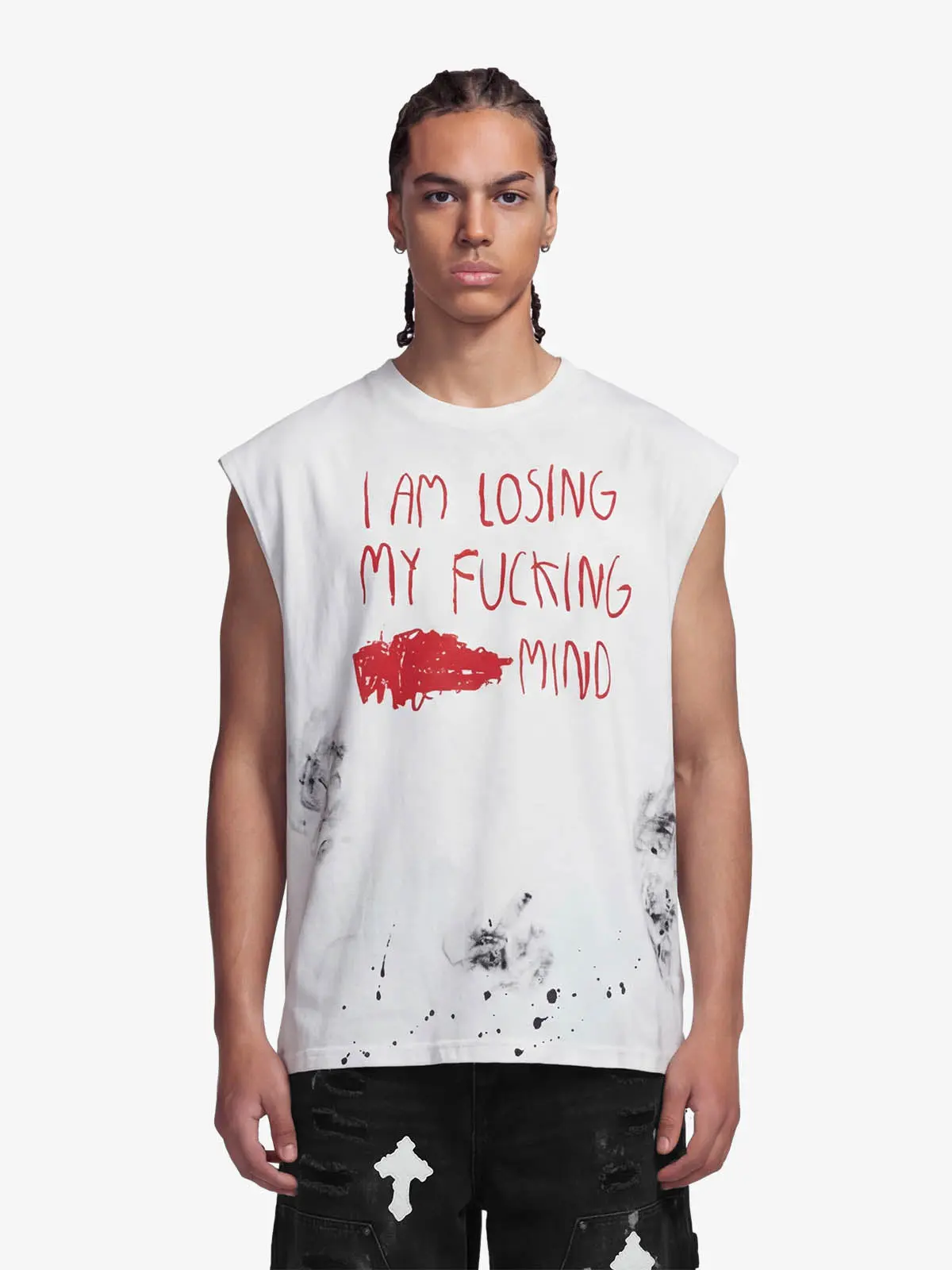 Thesupermade Aesthetic Menswear Grunge Slogan Print Distressed Sleeveless Top | Raw Cut-Off Splatter Streetwear Vest for Men, Women, Tee, Fabric, Tops