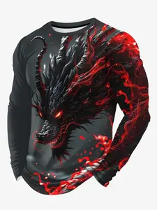 Trendy Stylish men's long-sleeved T-shirt with dragon print, Bold Edgy Style, versatile crew neck pullover, streetwear, men's top.