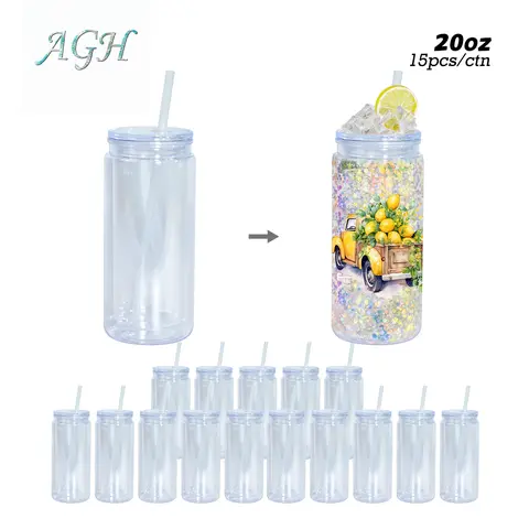 AGH 15pcs/25pcs 20oz Plastic Acrylic Cups Double Wall Tumblers Drinkware for Beer Coffee Juice DIY Glitter Gift with Pre Drilled Hole Plugs