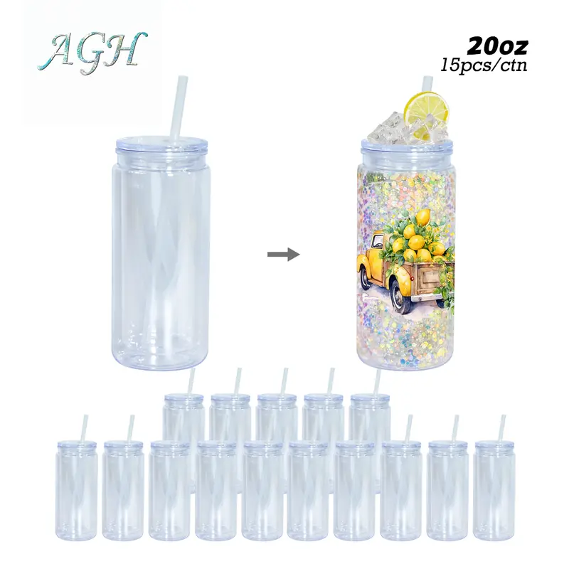 AGH 15pcs/25pcs 20oz Plastic Acrylic Cups Double Wall Tumblers Drinkware for Beer Coffee Juice DIY Glitter Gift with Pre Drilled Hole Plugs