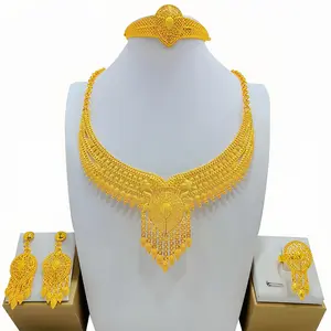 24k Gold Plated Set Dubai Saudi Jewelry Set Bride Wedding Necklace Earrings Ring Bracelet Four-Piece Set