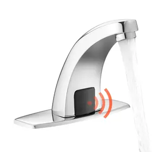 Touchless Bathroom Sink Faucet With Motion Sensor, Automatic Hands-Free Lavatory Tap For Restrooms, Battery Powered, Hot And Cold Water, 9/16 Inch Pipe Connection, Includes Hole Cover Plate, Chrome Plated Silver Finish