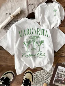 Women's Margarita Cocktail Print Round Neck Tee, Vintage Trendy Casual Short Sleeve Crewneck T-shirt for Daily Wear, Ladies Summer, Casual Fit Top, Top, Womenswear