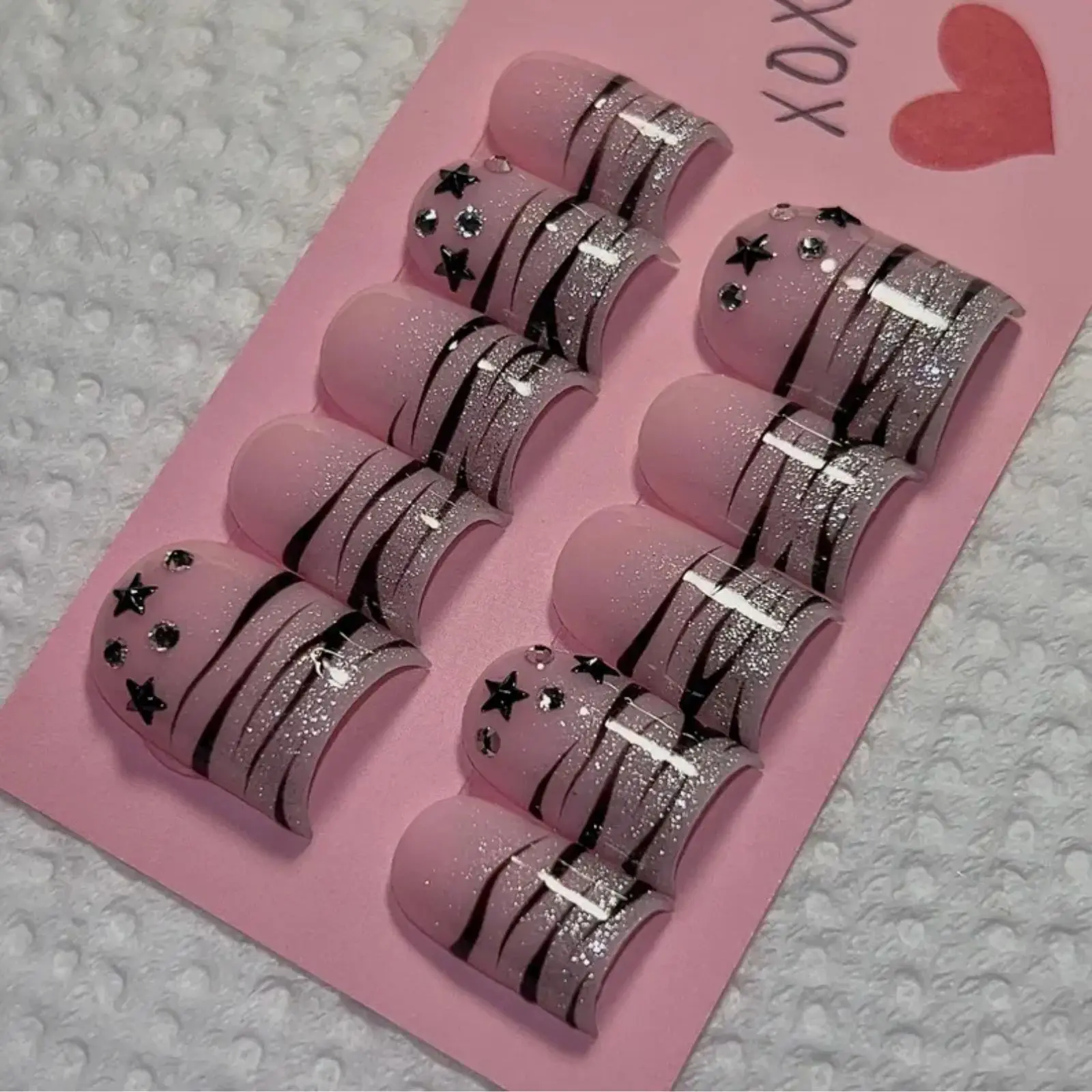 Pink Black Zebra Y2K MCBLING Press On Nails, Jelly Pink Glitter False Nails Zebra Art