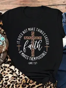 Faith Graphic Tee, Leopard Print Cross Bible Verse T-Shirt, Luke 1:37 Christian Quote Top, Oversized Soft Cotton Crewneck, Religious Streetwear, Casual Daily Wear, Church Outfit, Gift for Faithful Women, Inspirational Religious Apparel