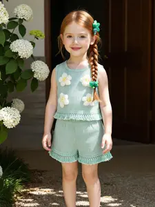 Girls' Crochet Waffle Vest & Lace Shorts Set, Summer Casual, Cute and Active Vacation Clothes, Two-Piece Set