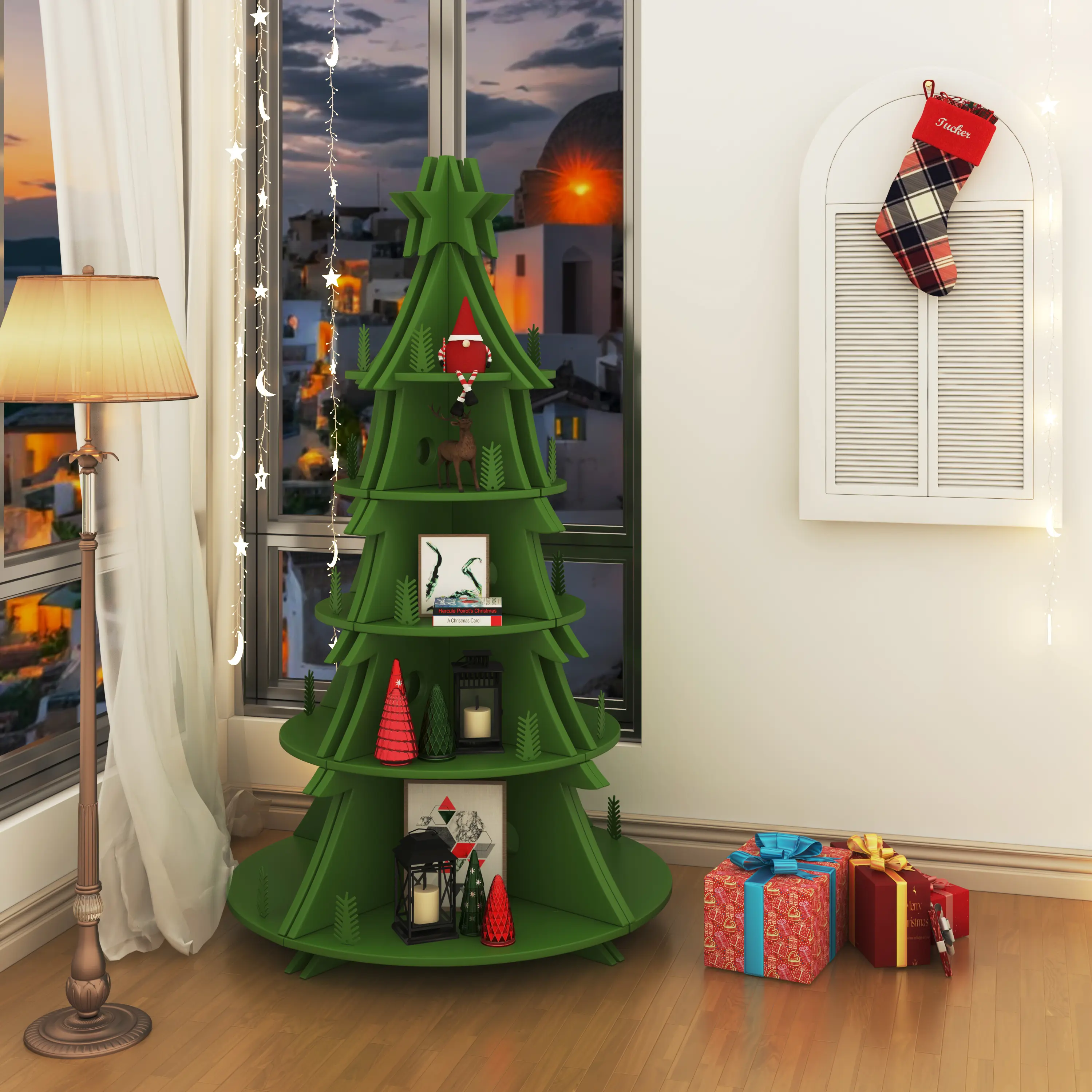 K KELBEL Christmas Tree Corner Bookshelf & Storage Organizer - Multi-Functional Holiday Décor for Home, Office, Living Room, Bedroom, Space-Saving Design with Star Topper, Perfect for Books, Ornaments, Gifts, and Seasonal Décor