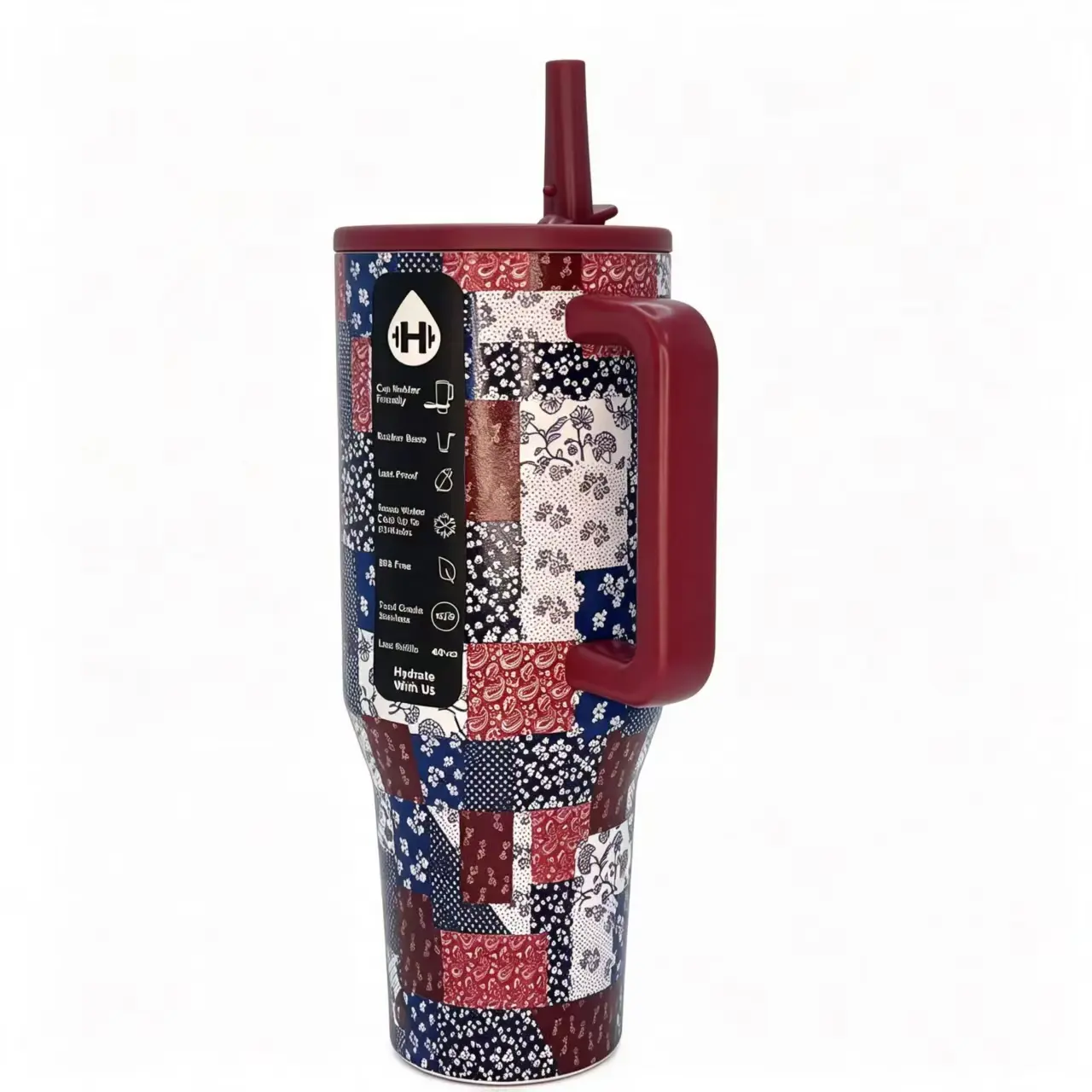 HYDROJUG 40oz Insulated Stainless Steel Travel Tumbler - Vintage Bandana Patchwork Print, Burgundy Handle & Lid, 24hr Cold Retention, Car-Friendly, Leak-Proof, BPA-Free Flask with Stylish Accessories for Casual Use