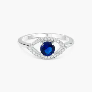 Rhodium-Plated 925 Sterling Silver Open Evil Eye Ring with Blue Stones