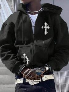 men's cross print drop shoulder zip up long sleeve hoodie, fashion casual regular fit drawstring pocket hooded sweatshirt for daily holiday outdoor wear, mens clothing, men clothes for fall & winter, vintage clothing, graphic print hoodie