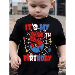 This Is a Short-Sleeve T-Shirt with a Cute Cartoon Print Saying 'This Is My Fifth Birthday', Perfect for Boys in Spring, Summer, And Autumn, Suitable for Everyday Wear And Outdoor Activities.