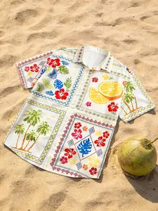 Tropical Hibiscus & Palm Tree Print Button Down Shirt | Casual Beach Vacation Aloha Shirt