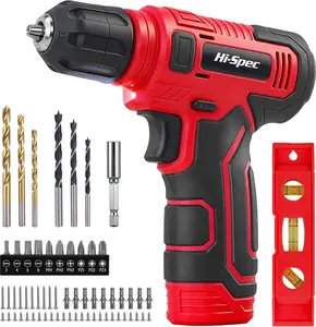 Hi-Spec 8V USB Power Drill Driver Screw Drill Bit Set. Cordless & Rechargeable Electric Drill Driver with Wall Hanging Kit,Red