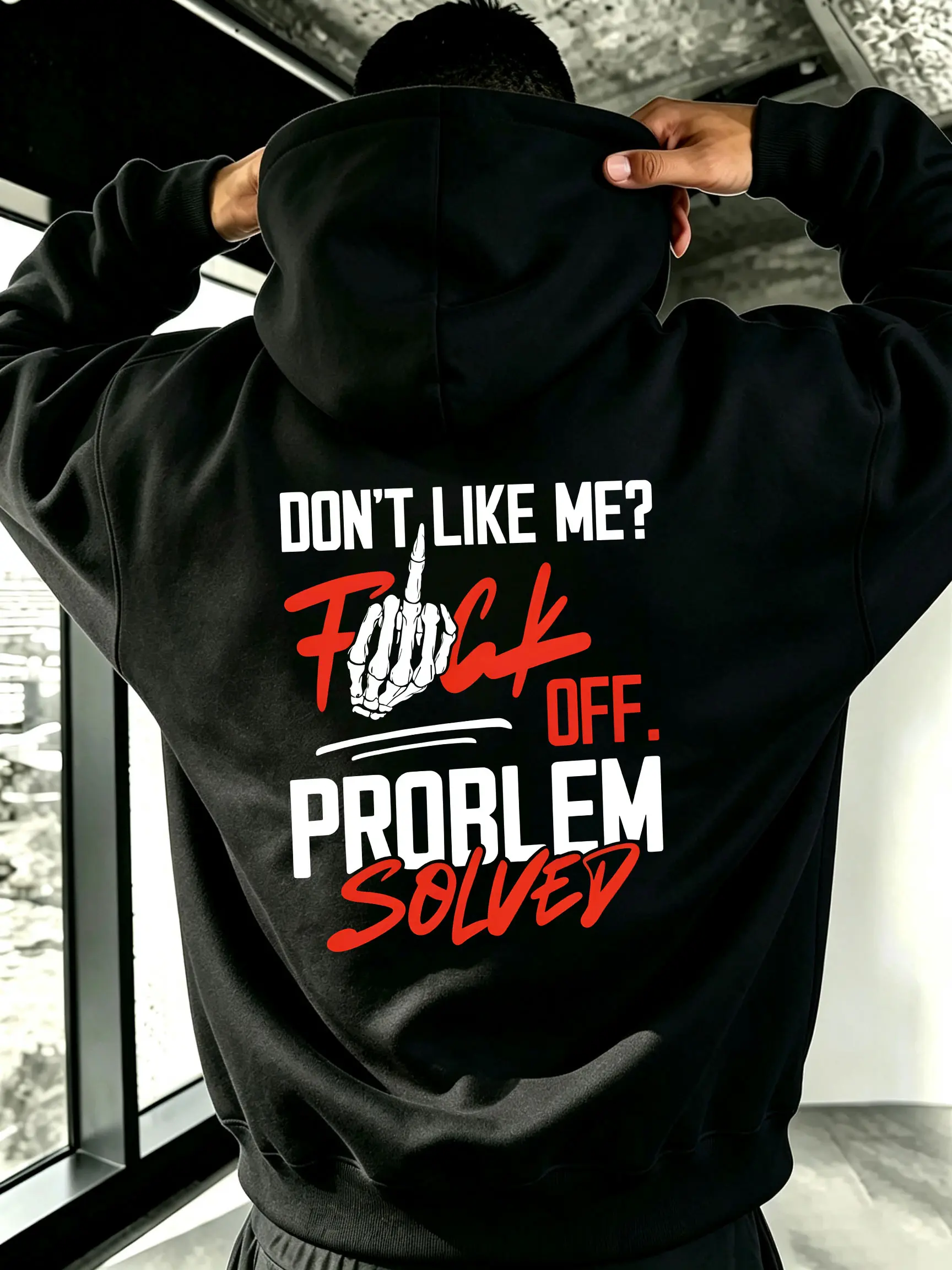 Skull Gesture Personalized Back Print Hooded Sweatshirt, American Street Style, Loose Drop-Shoulder Casual Pullover Hoodie