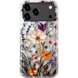 For iPhone 17 Pro Max Case Cute - Wireless Charging Compatible - Dual-Layer Hard Shell + Silicone Cover - Aesthetic Protective Phone Case for Women - Marble Pressed Flowers