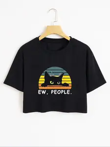 Women's Cartoon Cat & Letter Print Tee, Vintage Crop Graphic Tees, Summer Clothes Women, T Shirts for Women, Casual Short Sleeve Crew Neck T-Shirt for Summer, Summer Tees, Fashion Women's Top