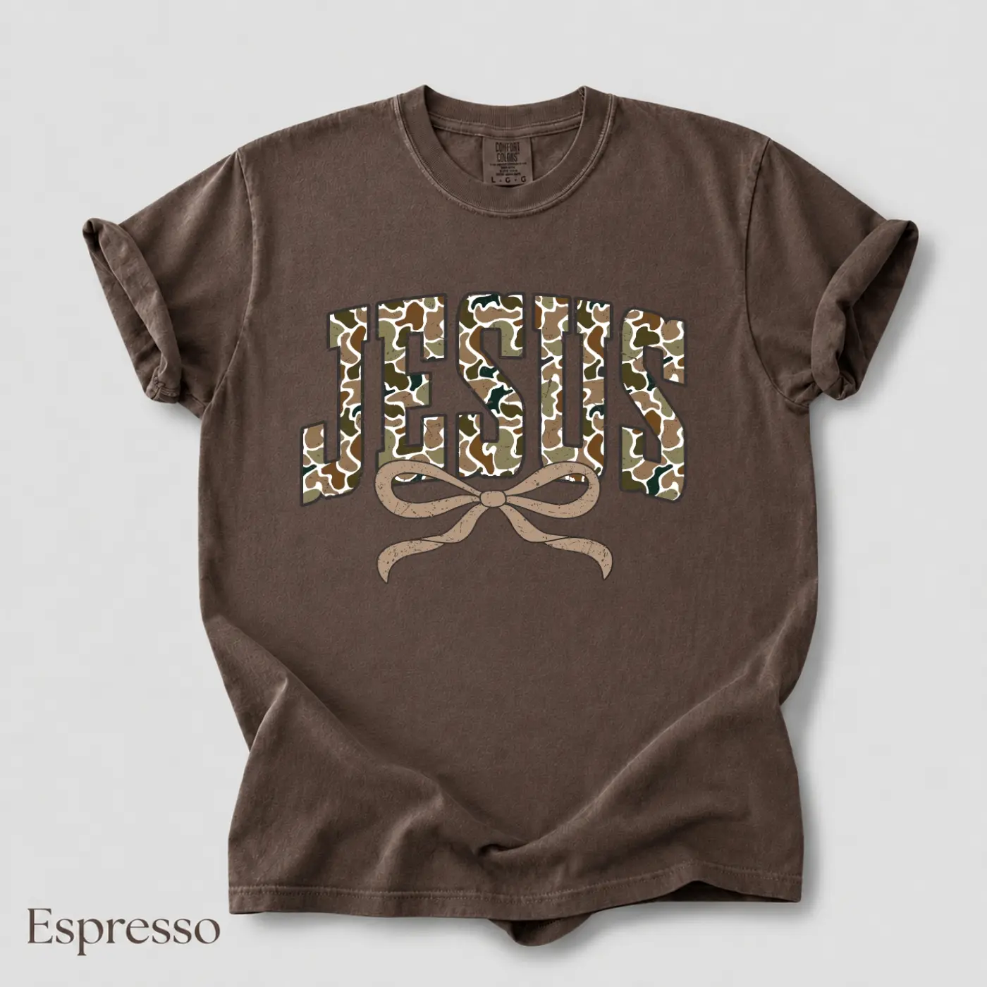 Comfort Colors Jesus Camo Bow T Shirt, Faith T-Shirt, Christian Tee, Religious Aesthetic Sweatshirt, Jesus Is King Shirt, Bible Verse Tee Fabric Fit