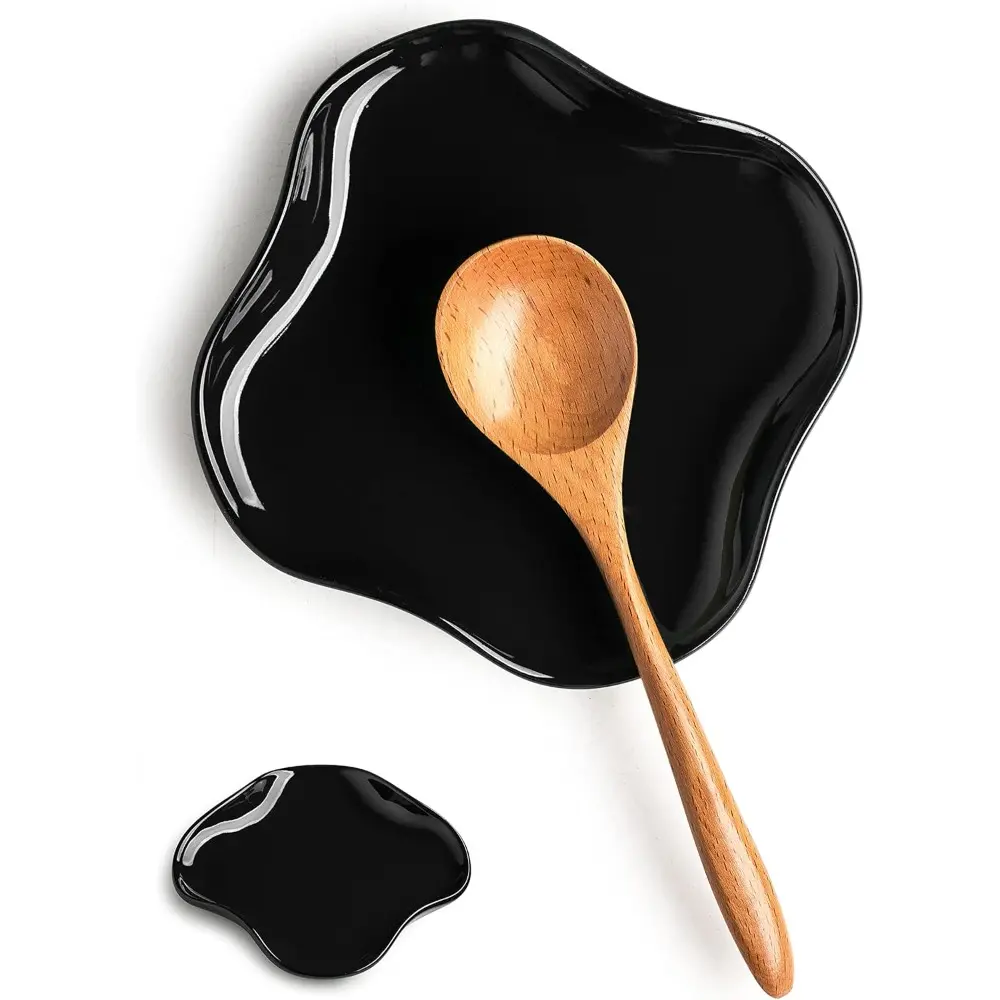Spoon Holder, Porcelain Spoon Rest with Deep Drip Tray for Kitchen Counter, for Multiple Utensils, Heat-Resistant, for Spoons, Ladles, Tongs, Black, Ruffled Edge, 5.12 in