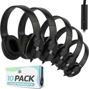 Classroom Headphones-Bulk 10-Pack, with Microphone Student  Ear Comfy Swivel Earphones for Library, School, Airplane, -for Online Learning and Travel, HQ Stereo Sound 3.5mm Jack (Black)
