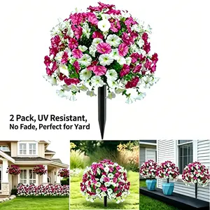 2 Pack Artificial Flower Ball Stakes, Multi-Color Faux Morning Glory Plants, Artificial Outdoor Plants for Garden, Wedding, Cemetery, Home Decoration, No Fade