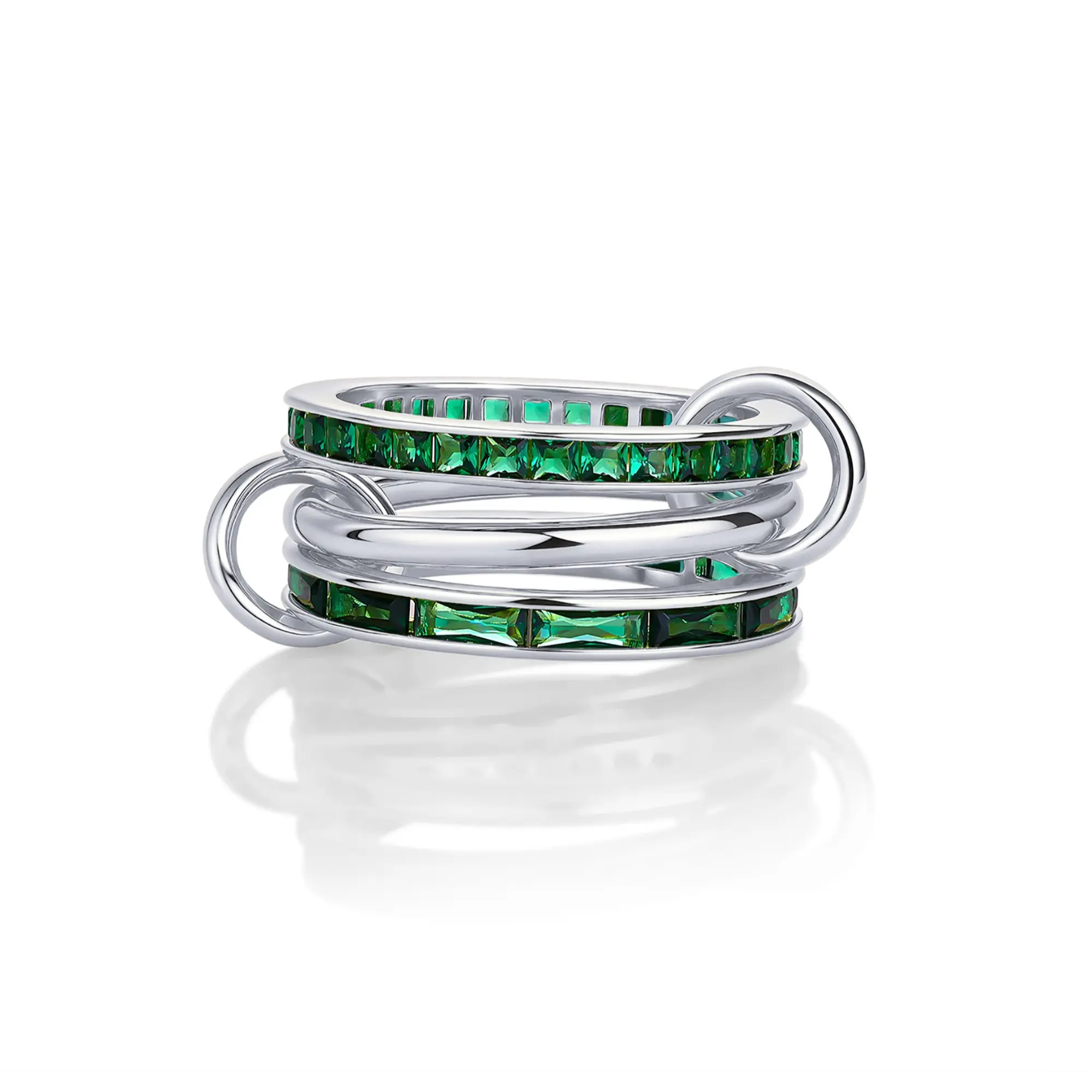 Interlocking Triple Band Emerald Tone White Gold