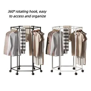 360° Rotating Hexagonal Clothes Hanger - Space-Saving Freestanding Garment Organizer, Heavy-Duty Rotating Hexagonal Rack with Wheels