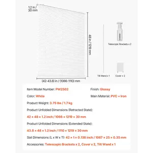 VEVOR Mini Blinds, 43.3 Wx 48 H, 1 Slat Size, Cordless Horizontal Light Filtering No-Drill Mini Blind for Indoor Windows, Easy to Clean and Adjustable, for Home Decor, Room Darkening, White