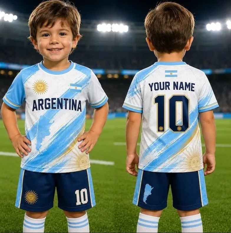 Personalized Argentina Soccer 2026 Kids Set, Custom Name Number Football Jersey & Shorts, Argentina Fan Outfit, Youth Game Day Apparel