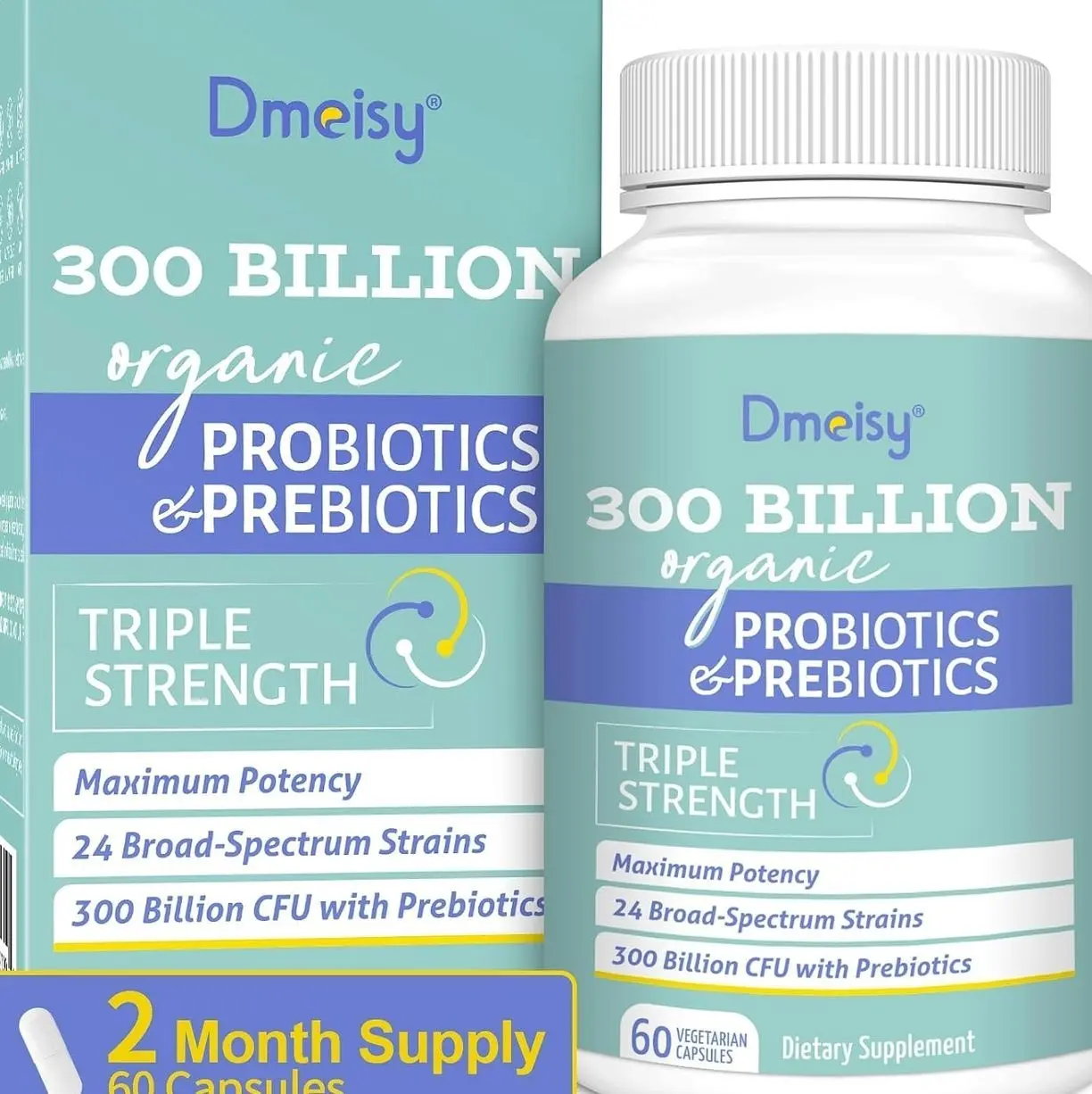 Probiotics for Women and Men, 300 Billion CFU 24 Strains Probiotics + 15 Organic Herbs Prebiotics Blend, Shelf Stable Gut Health Supplement for Digestive Immune & Whole-Body Health, 2 Month Supply