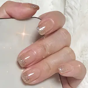 24pcs Wearable Nail Set, Transparent Glitter French Manicure, Nude Base with Gold Sparkle Design, Soft Short Square Fake Nails