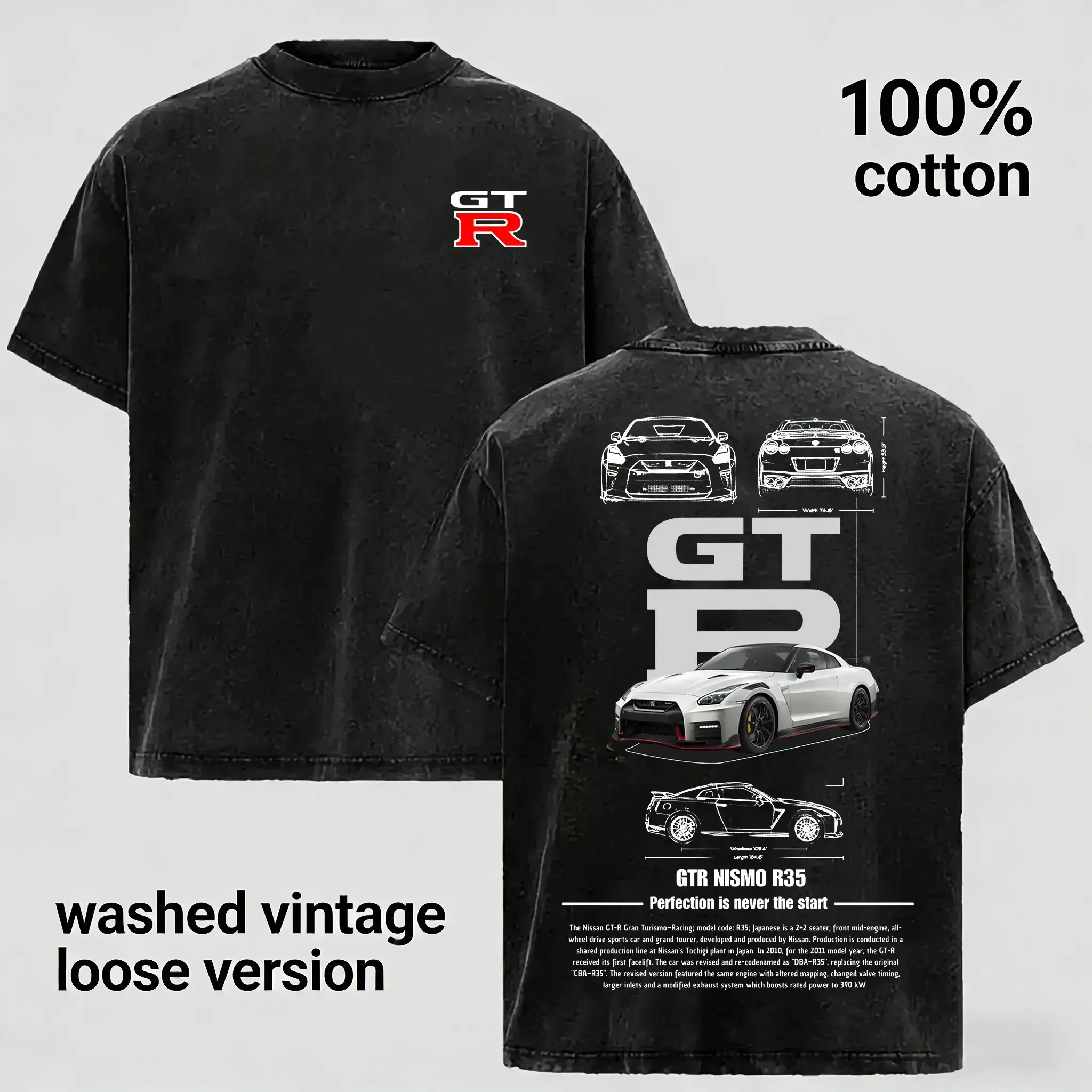 Vintage Washed GTR R35 Graphic T-Shirt | JDM Racing Culture Streetwear | Y2K Unisex Cotton Casual Tee for Men, Women & Couples Black faded vintage wash left chest mini red white GT-R badge logo print tee