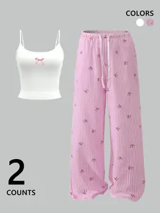 Two-Piece Set Women's Ditsy Floral & Striped Print Cami Top & Pants, Casual Comfy Pyjama Set for Women, Comfy Loungewear Set for Women, Nightwear, Pajama Sets