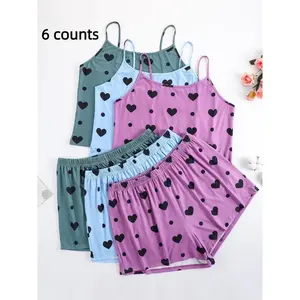 Plus Size Heart Print Elastic Waist Pyjama Set, Casual Sleeveless Spaghetti Strap Top & Shorts PJ Set, Women's Sleepwear for All Seasons