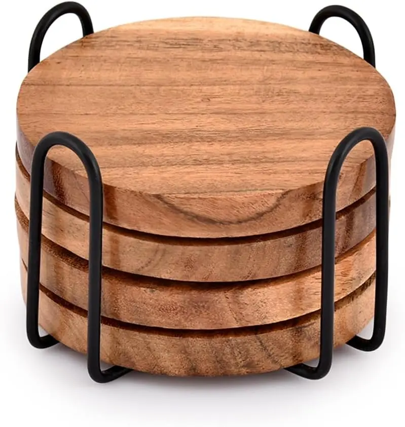 Acacia Wood Coaster Set with Holder for Coffee and Beer Bar Decor - Wooden Coasters for Dining Table, Rustic and Cute Home Decor - Tableware
