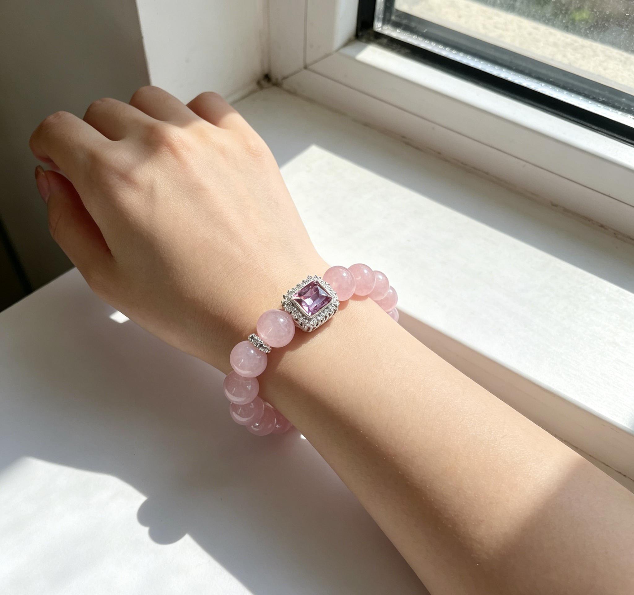 Lavish Rose Quartz Bracelet with Diamond Accents, Handmade Spiritual Healing Jewelry, Elegant Energy Wrist Accessory for Daily Wear, Dinner Party & Special Occasions