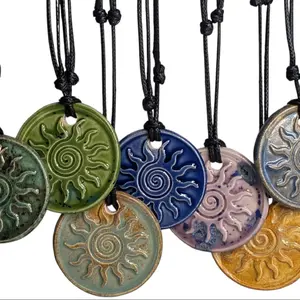 Handmade Sun Spiral Swirl Cottagecore Ceramic Wax Seal Pendant Hippie Whimsical Choker Adjustable Cord Necklace Clay Charms Celestial
