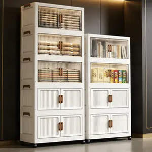 3/4/5/6-Tier Foldable Storage Cabinet with Clear Doors & 360° Wheels, Stackable Plastic Storage Organizer with Double Doors, Large Capacity Collapsible Rolling Cabinet for Living Room, Bedroom, Kitchen & Home Organization, Space-Saving Design Bins