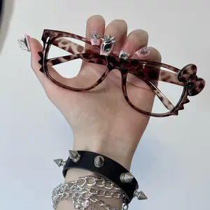 Kawaii Hello Kitty Style Leopard Bow Rectangle Frame, No Lens Party Photo Prop Fashion Decor Glasses