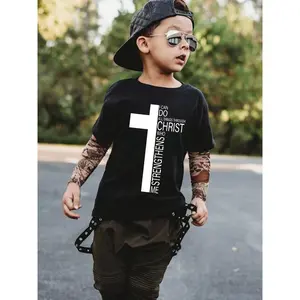 Boys Casual Comfy Summer Short Sleeve Crew Neck T-shirt - Letters & Cross Print Trendy Cute Summer Gift