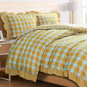 Bedsum 3 Pieces Washed Cotton Ruffled Duvet Cover Set,Breathable Comforter Cover Set with Zipper Closure