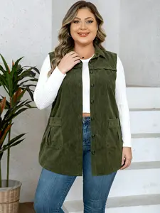 Women's Plus Size Basic Solid Color Spring & Fall Elegant Sleeveless Buttoned Jacket Vest, Fitted Short Plain Style Womenswear