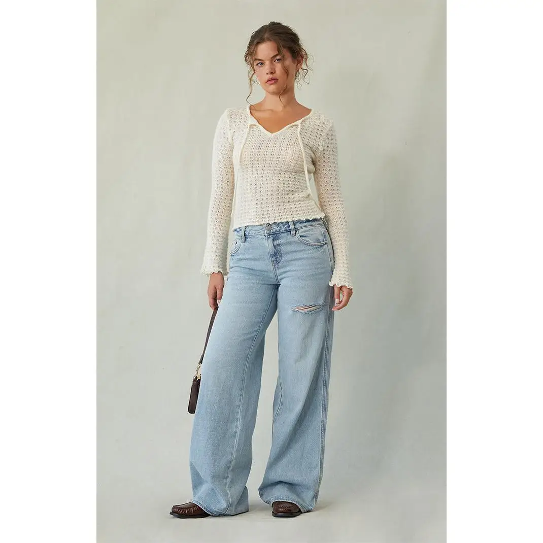 Pacsun Women's Casey Low Rise Baggy Jeans Ripped Slit Light Indigo