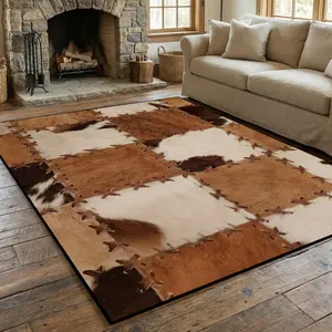 Vintage faux fur pattern rug, 1 count Living room rug, brown patchwork pattern rug, machine washable, non-slip, low-pile. Suitable for living room, bedroom, dining room, home office. Printed rug enhances home décor, easy to clean.