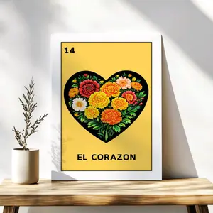 El Corazon Mothers Day Lotería Art Print or Greeting Card– Custom Floral Marigold Heart Print or Card, Lotería Card, Colorful Mexican Poster