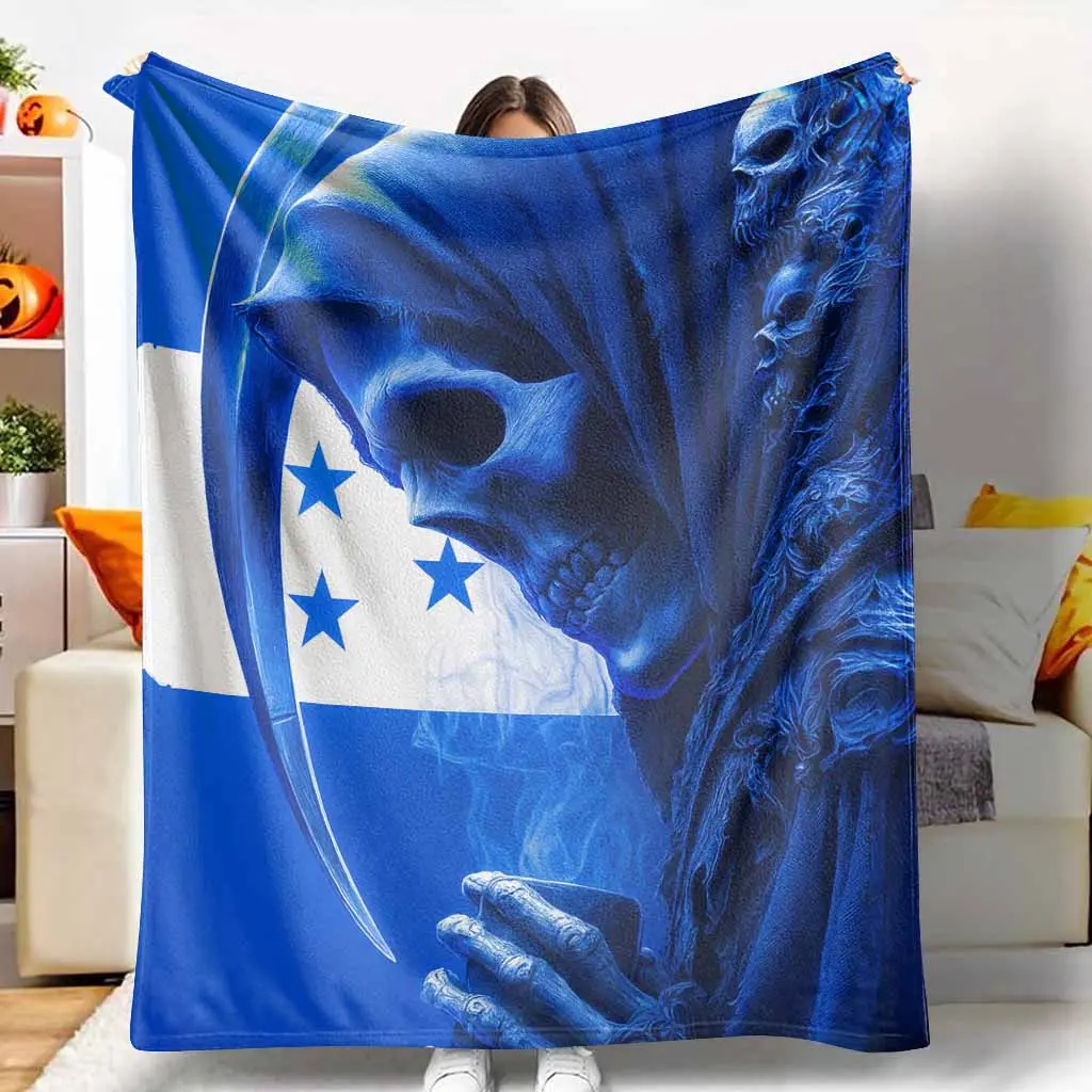 Grim Reaper & Honduras Flag Graphic Flannel Throw Blanket - Ultra-Soft, Warm, Lightweight, Anti-Pilling, Wrinkle-Resistant, Breathable Multifunctional Home Textile for Sofa, Halloween Decor, Gifting, Flannel Throw Blankets, Multifunctional Blanket